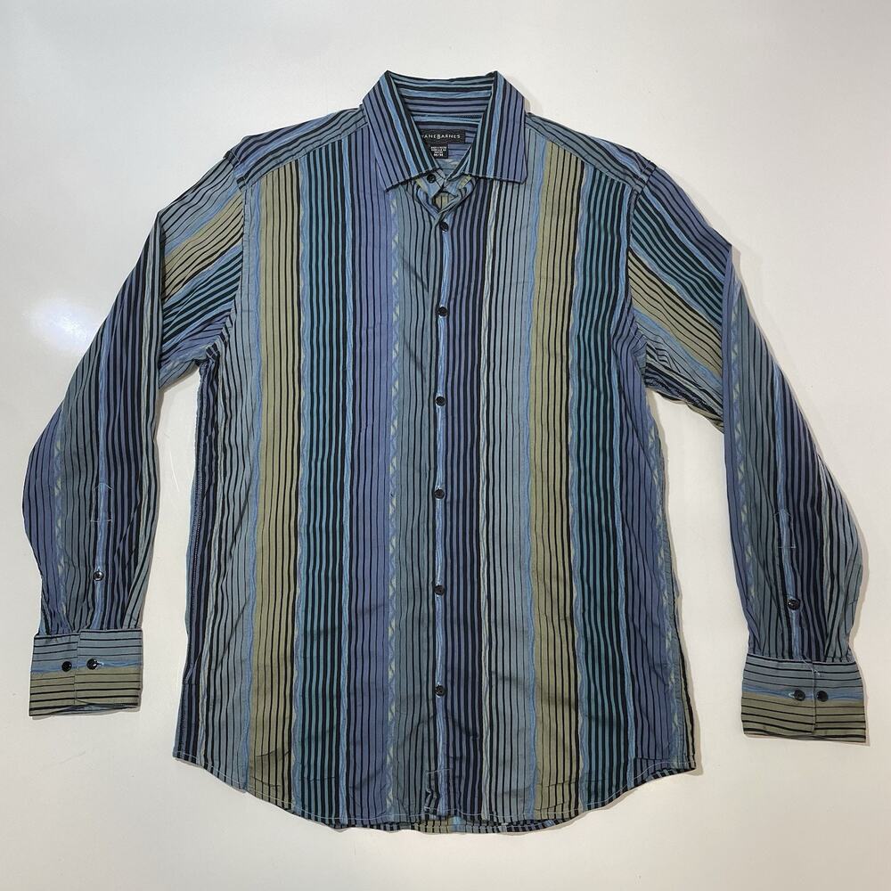 Vintage Jhane Barnes Shirt Men’s Med Blue Green Stripe Slim Button Up Pockets